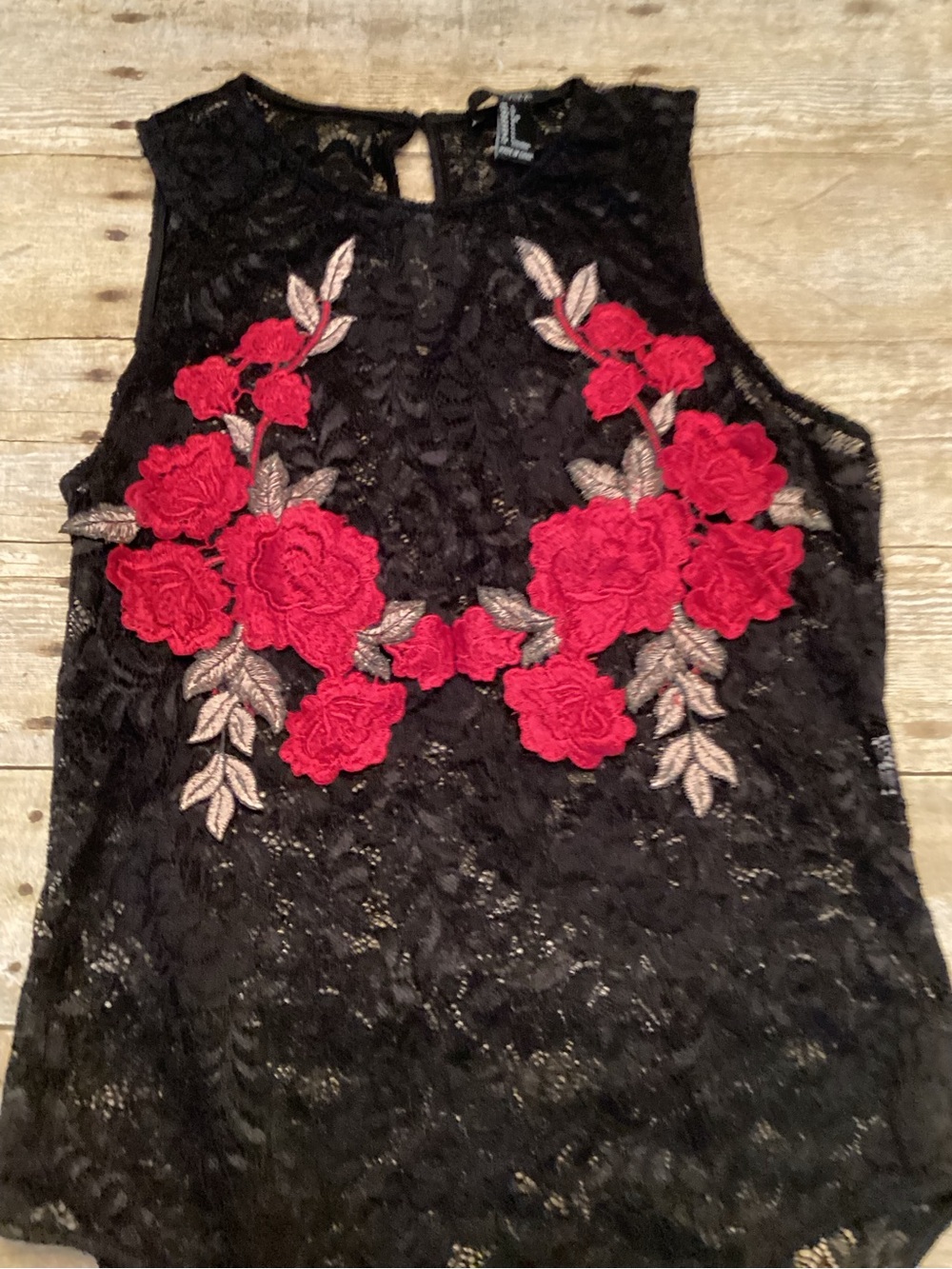 Forever 21  Lace Floral Appliqué Bodysuit - Black with Red Roses - Picture 2 of 4